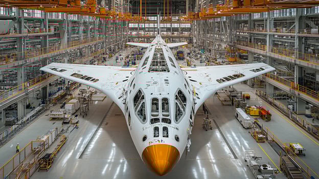 Airplane fuselage under construction in a large hangar. photo