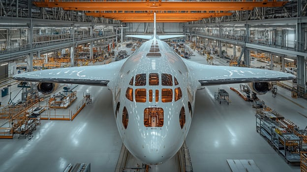 Airplane under construction in a large hangar. photo