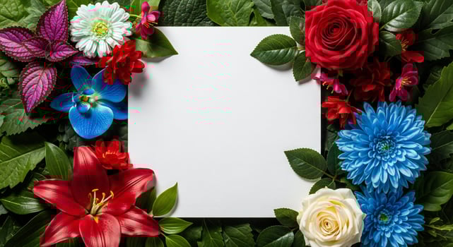 Vibrant red and blue flowers with green leaves framing a blank white paper photo