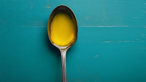 Golden oil in a silver spoon on teal wood. photo