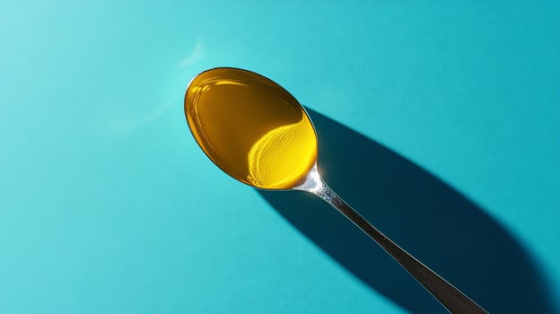 Golden liquid in a spoon on a blue background. photo