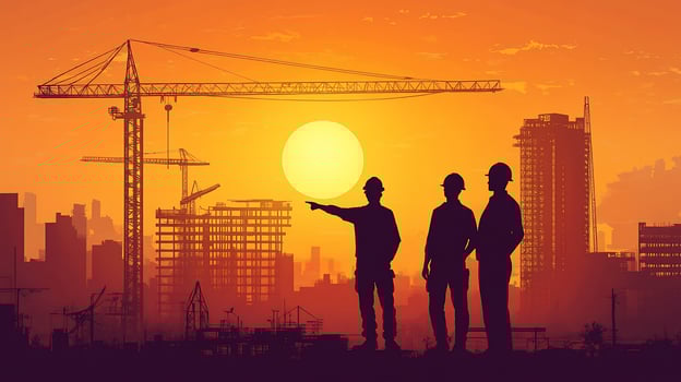 Construction engineers discuss project at sunset. photo