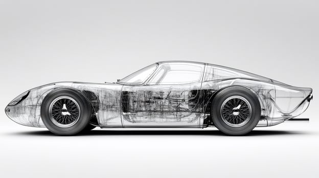 Transparent view of classic sports car, showcasing its internal mechanics and design. photo