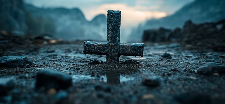 Dark stone cross in muddy landscape. photo