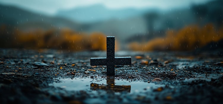 Dark cross reflecting in a puddle on a rainy day. photo