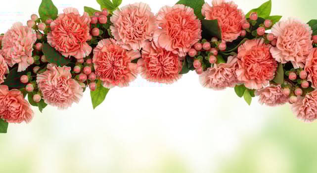 A border arrangement of pink carnations and light pink berries against a soft green bokeh background photo