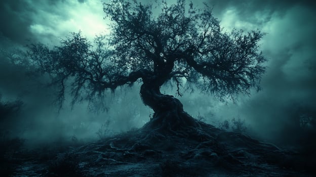 Ancient gnarled tree in a dark, misty landscape. photo