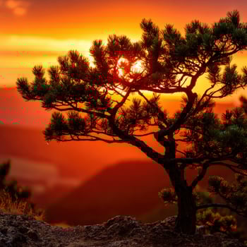 Sunset through tree in mountains photo