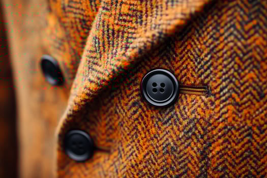 Closeup of orange herringbone tweed coat buttons. photo