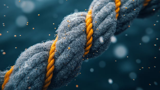 Closeup of a twisted rope with small particles. photo