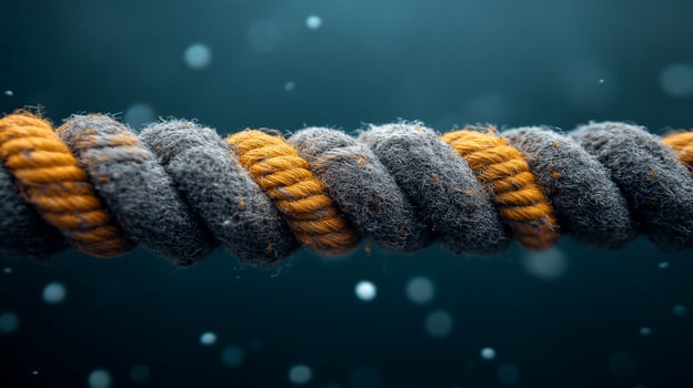 Closeup of intertwined gray and yellow rope. photo