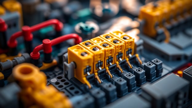 Closeup of intricate yellow and gray connectors on a complex circuit board. photo