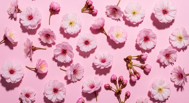 Delicate pink cherry blossoms and buds scattered across a soft pink background with subtle shadows photo