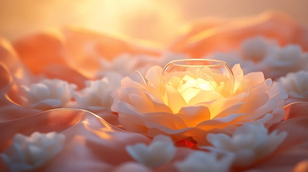 Glowing candle in a glass bowl nestled among white flowers on a peach silk fabric, bathed in warm sunset light. photo