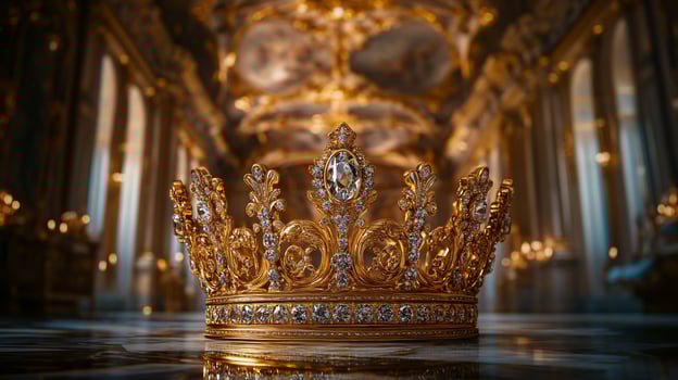 Gold crown with diamonds in ornate palace hall. photo