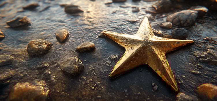 Golden starfish on wet stones. photo
