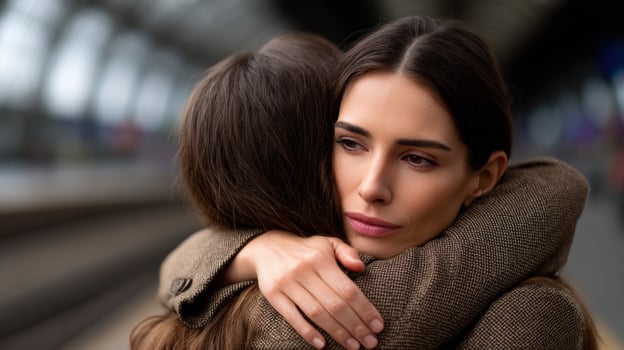 Woman hugging friend at train station photo