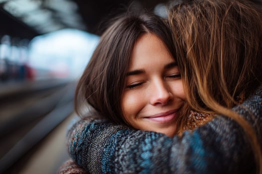 Woman embracing friend at Train Station photo