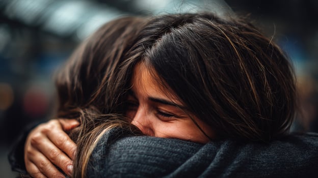 Woman embracing another person closely photo