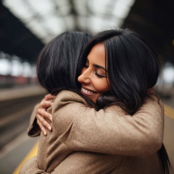 Woman warmly hugging another at train station photo