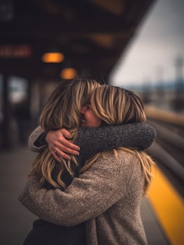 Two women embrace at train station photo