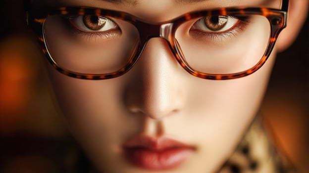 Close up of face wearing tortoise glasses photo