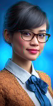 Woman wearing glasses smiles gently photo