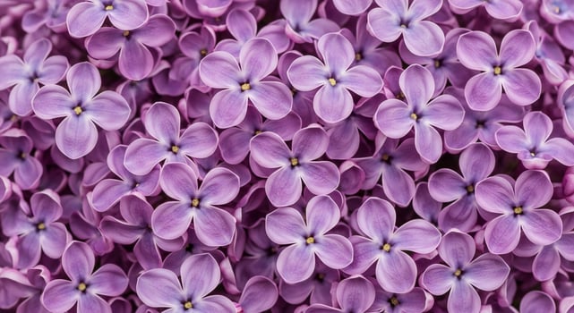 Close up view of numerous small purple lilac flowers with detailed petals and yellow centers photo