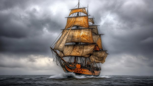 Majestic sailing ship navigating stormy seas under dramatic clouds. photo
