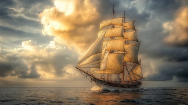 Majestic sailing ship at sunset, ocean voyage. photo
