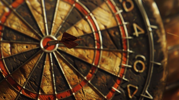Dart on dartboard bullseye achieving accuracy and precision photo
