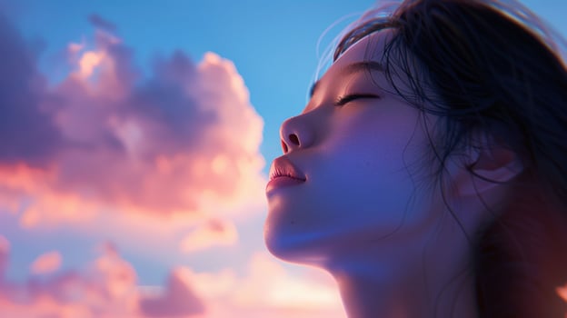 Woman contemplate dreamy sky peace and tranquility serene portrait photo
