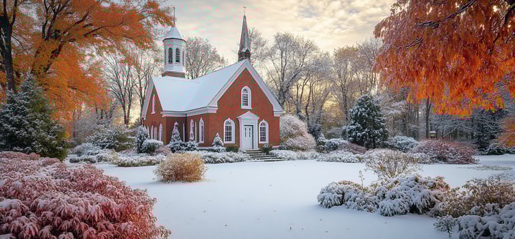 Snowcovered red brick chapel in autumnal landscape. photo