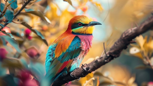 Colorful bird sitting on branch in forest wildlife animal natural habitat photo