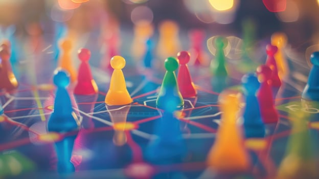 Board game pieces on colorful game board strategic leisure activity photo