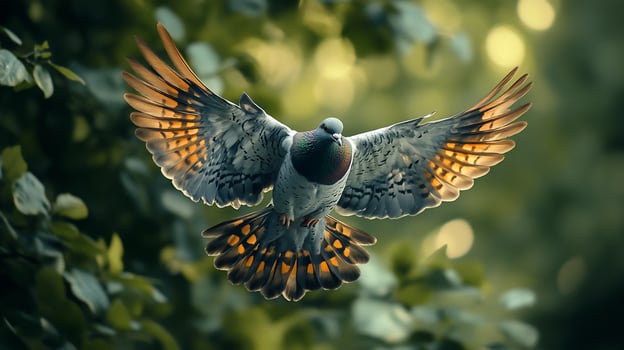 A vibrant pigeon in flight, wings spread wide, amidst lush green foliage. photo
