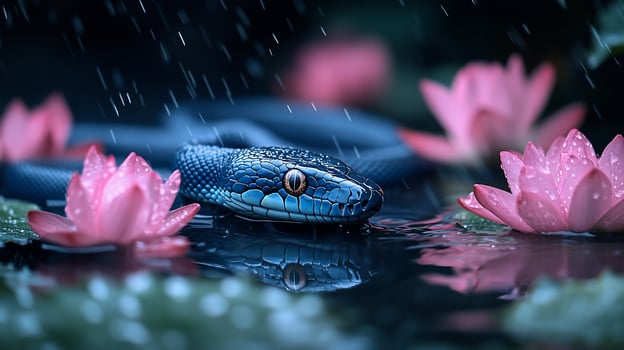 A snake is in the rain with pink flowers photo