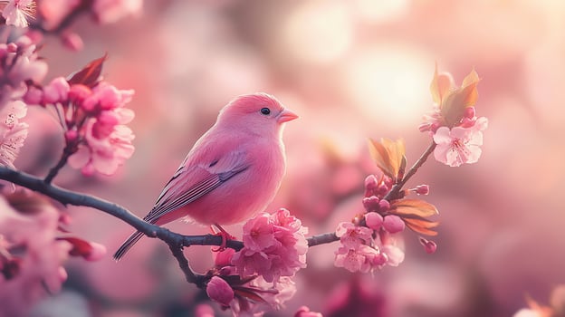 Pink bird perched on blossoming cherry branch photo
