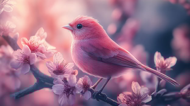 Pink bird perched on blossoming branch photo