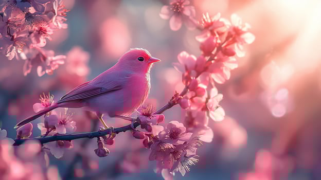 Pink bird perched on blossoming branch at sunrise photo