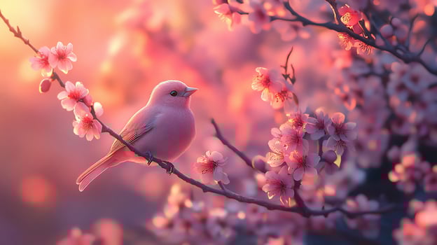 Pink bird perched on blossoming branch at sunset photo