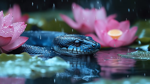 A snake is in the water with pink flowers photo