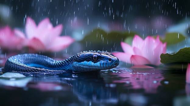 A snake in the rain with pink flowers photo