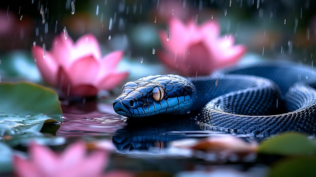 Blue snake in rain near pink lotus flowers. photo
