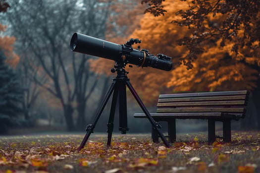 Telescope on tripod near park bench, autumn leaves. photo