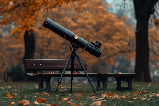 Telescope on park bench in autumn. photo