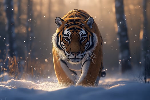 Majestic tiger walking through snowy forest. photo