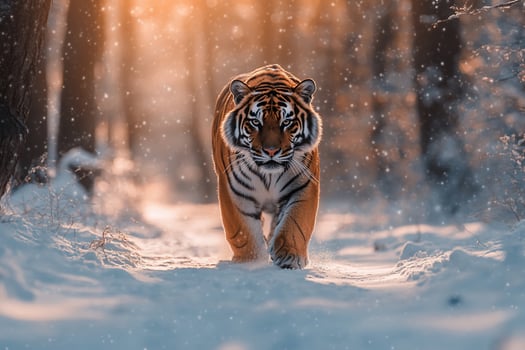 Majestic Siberian tiger walking in snowy forest at sunset. photo