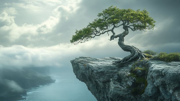 Lone tree on clifftop, overlooking misty ocean. photo