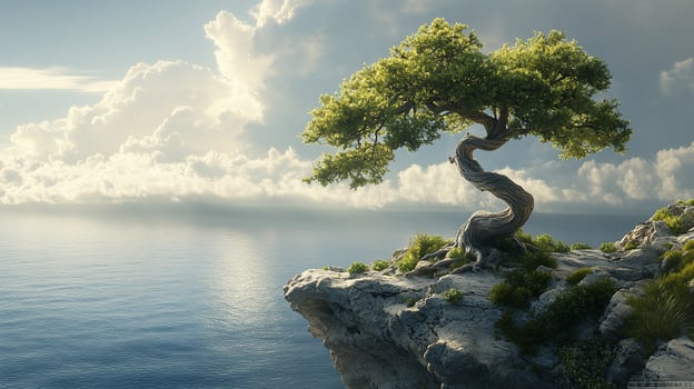 Serene bonsai tree on cliff overlooking tranquil ocean under a dramatic sky. photo
